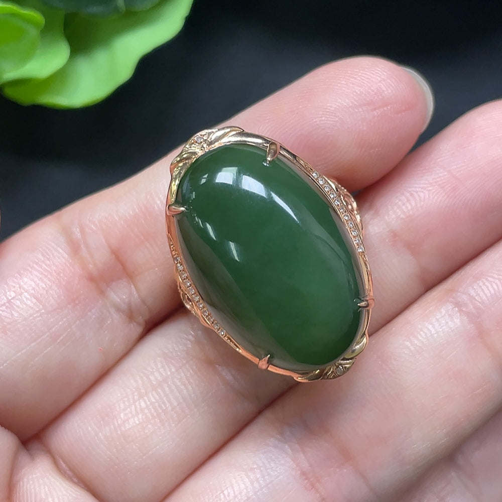 Hetian Jade Ring, 18K Gold with Diamond Accents