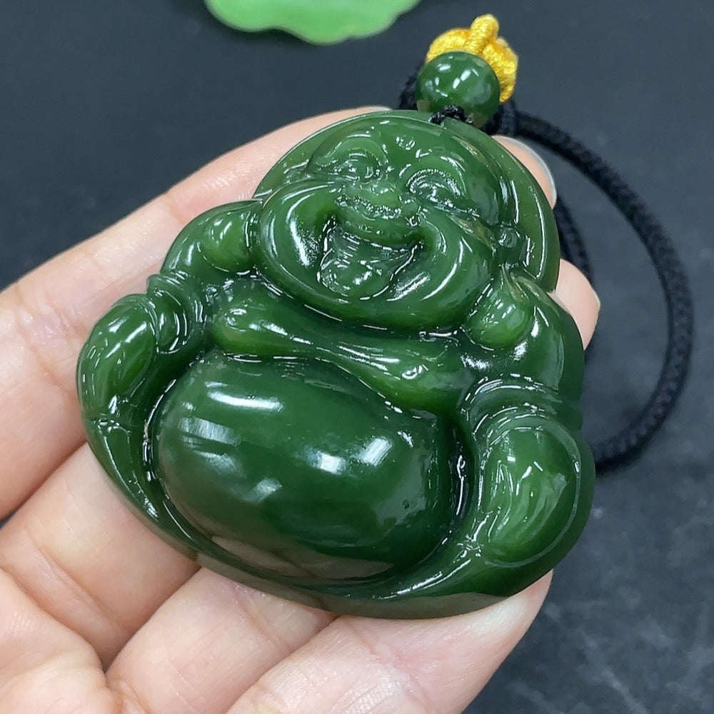 Hetian jade Jasper pendant featuring a Buddha design, weighing approximately 42.2g including rope, from HKHQ.