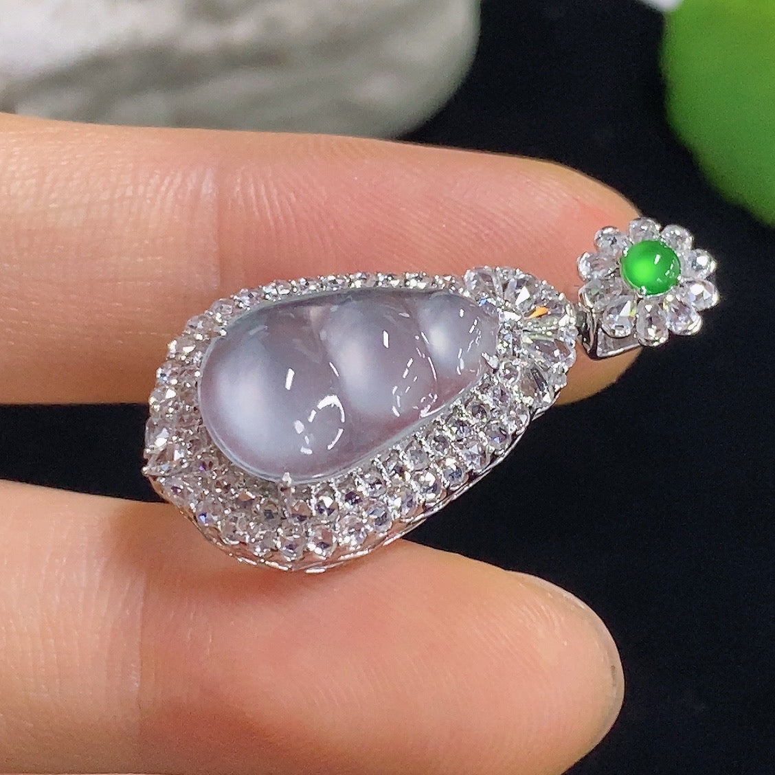 Jadeite Fudu Bean Inlaid Pendant 18k with Diamond Accents Total Weight Approximately 3.47g