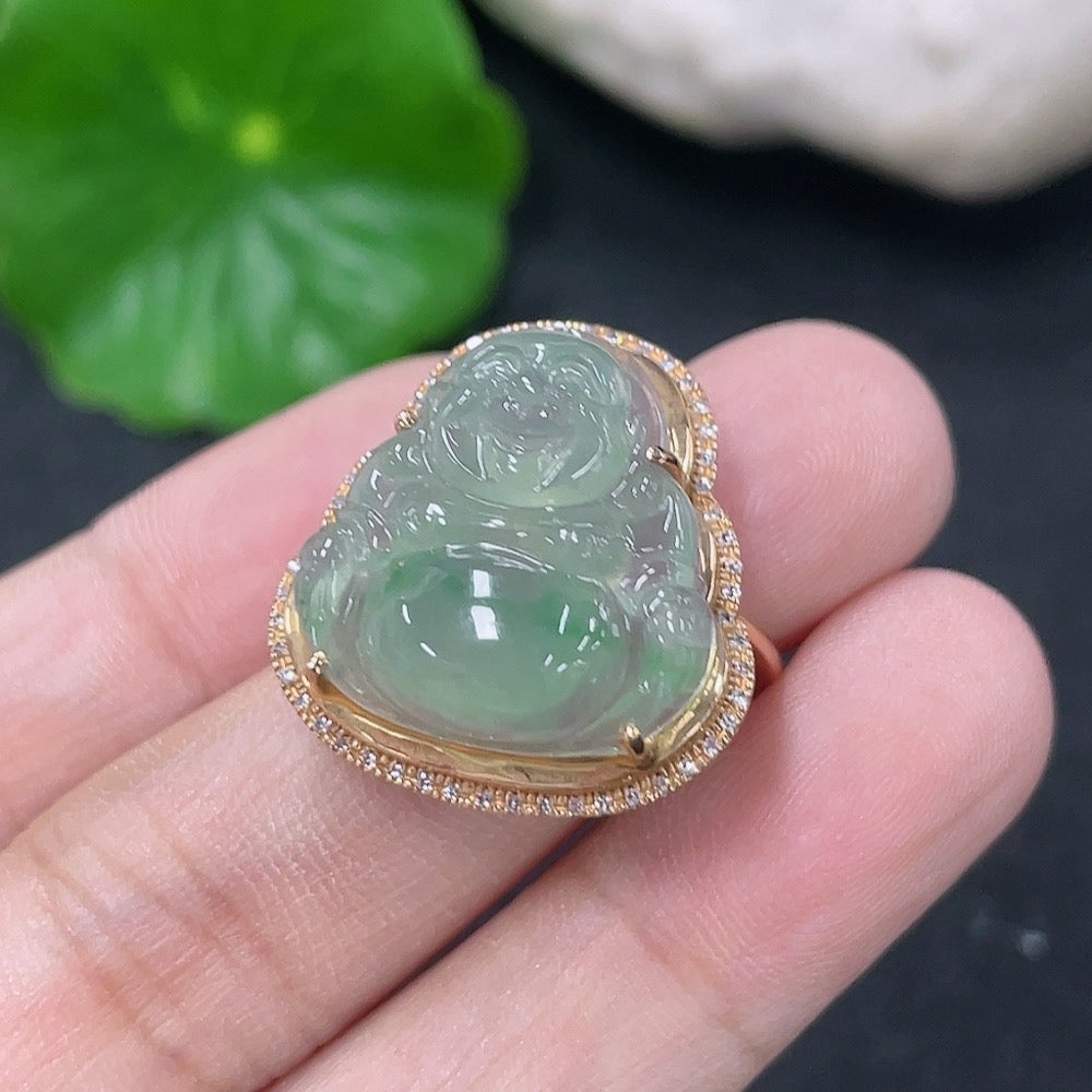 Elegant jadeite inlaid ring with 18K gold and diamond accents, showcasing intricate craftsmanship and luxurious design.