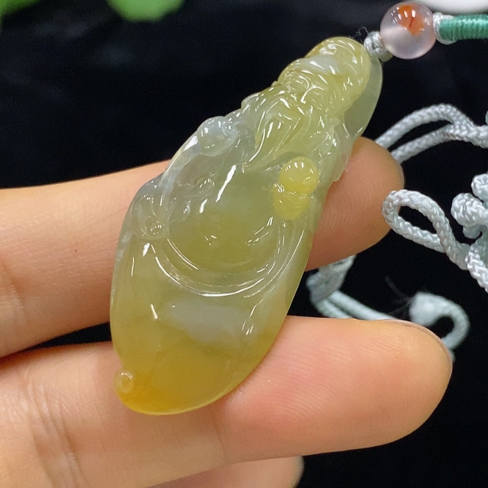 Jadeite God of Wealth Pendant Total Weight Approx. 10.94g (Including Rope Weight) Yellow Part Color Origin Undetermined