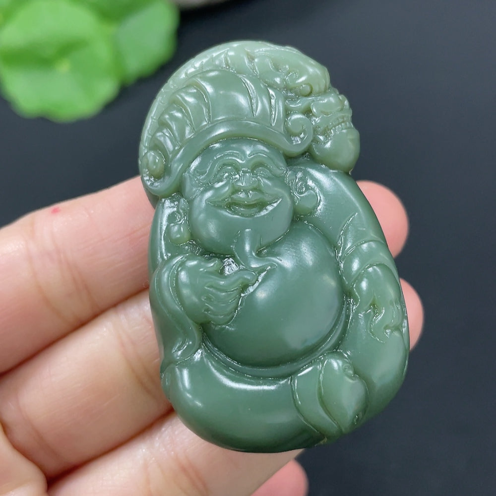 Huiliu Hetian Jade Pendant featuring the God of Wealth, crafted from high-quality jade with intricate design details.