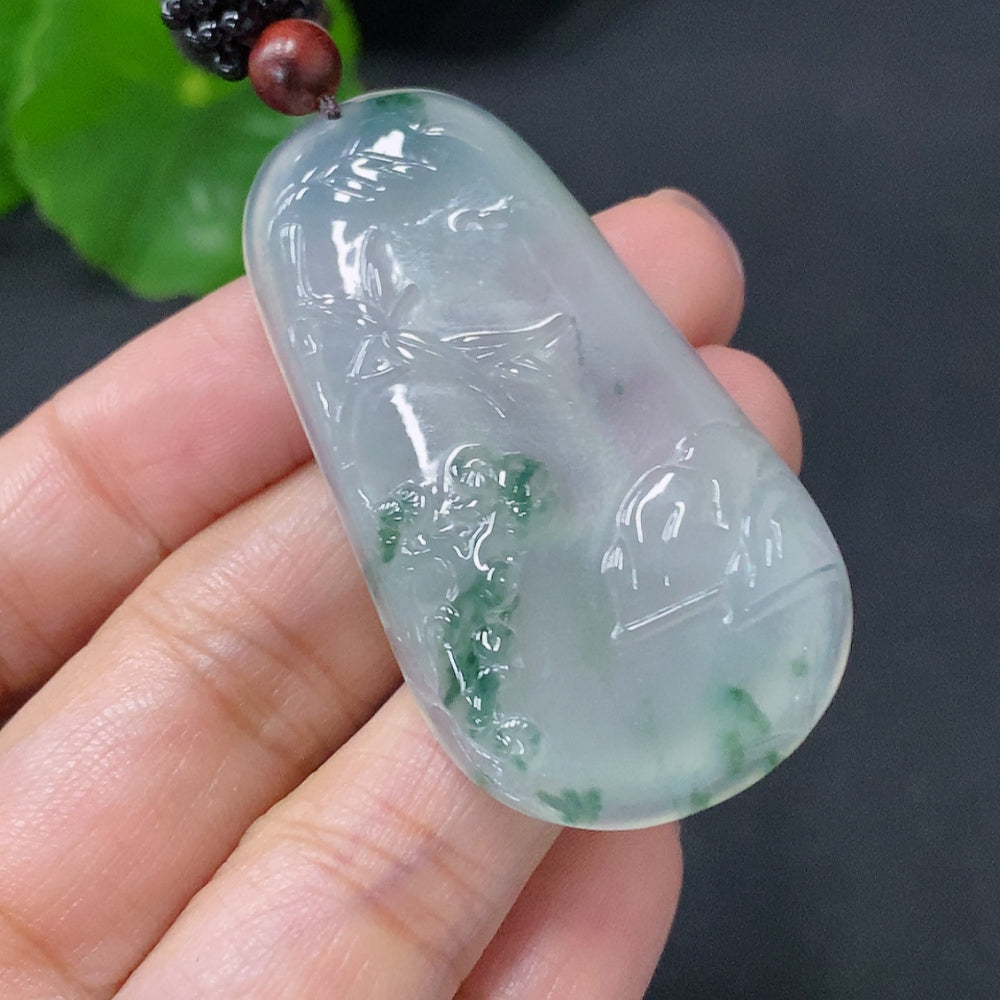 HUILIU HQ jadeite pendant with bamboo design, 19g weight, includes cord and non-A grade jade beads, natural stone appearance