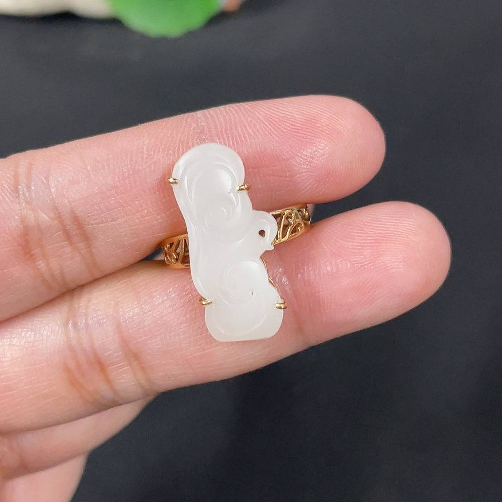 Huiliu Hetian Jade Inlaid Ruyi Ring with intricate design, featuring smooth green jade and detailed craftsmanship.