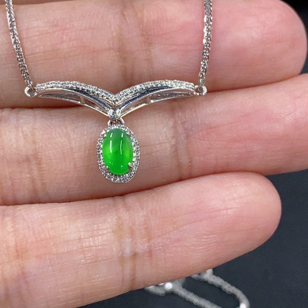 Jadeite Cabochon Pendant Necklace with 18K Gold and Diamond Accents