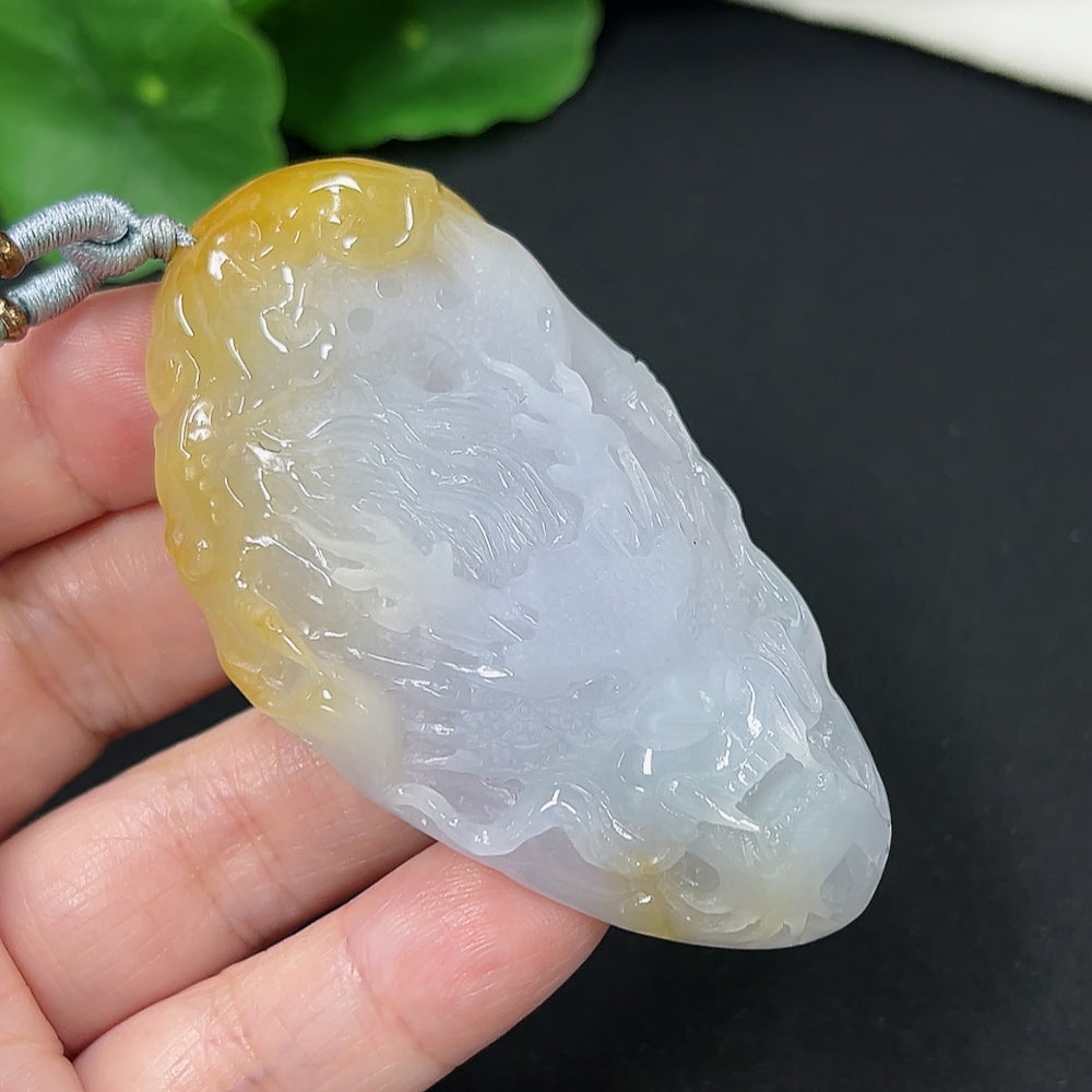 Jadeite dragon pendant with rope, weighing approximately 53.8g, showcasing detailed dragon design in green jade, from HKHQ brand.