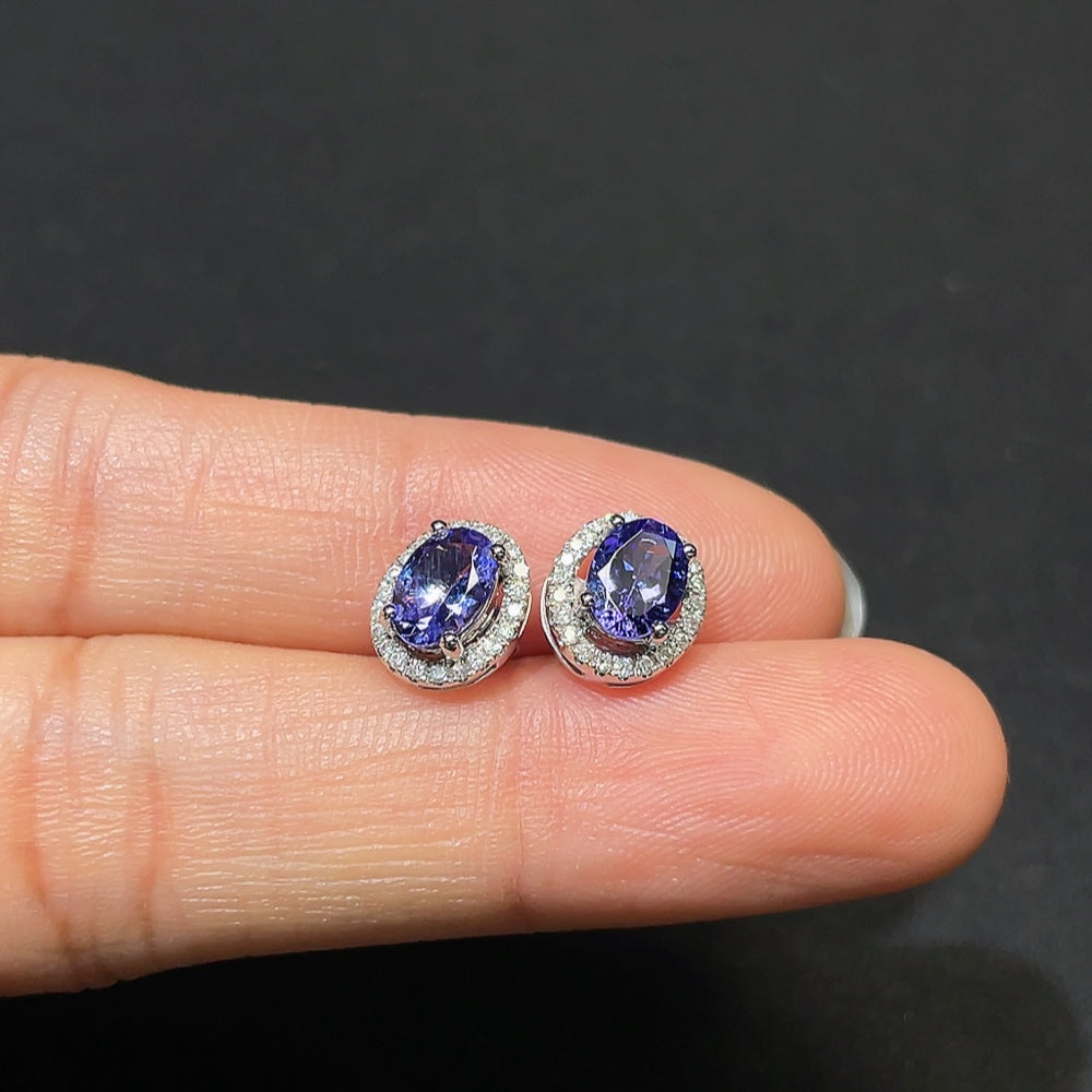 18K Gold Tanzanite Earrings with Diamond Accents, Total Weight Approx. 2.3g
