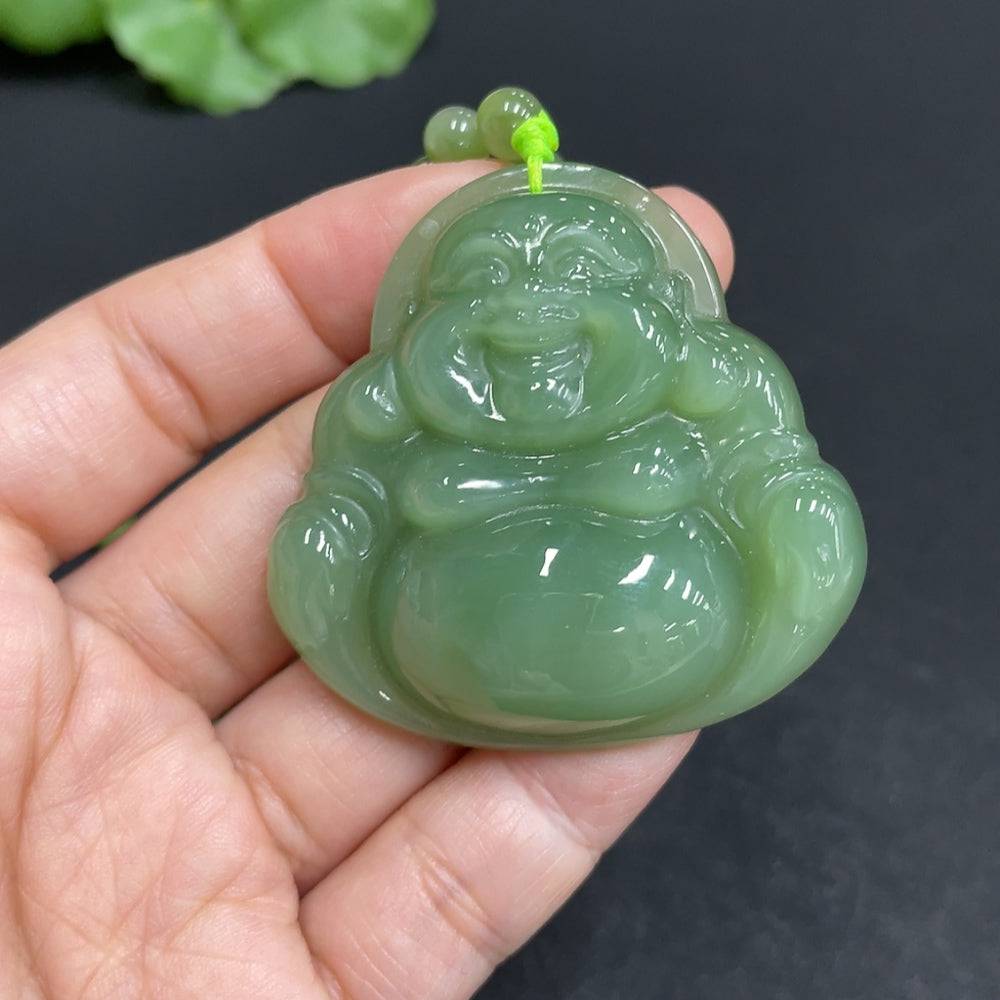 Huiliu certified Hetian jade Buddha pendant with chain, showcasing smooth, polished jade carving in natural green tones.