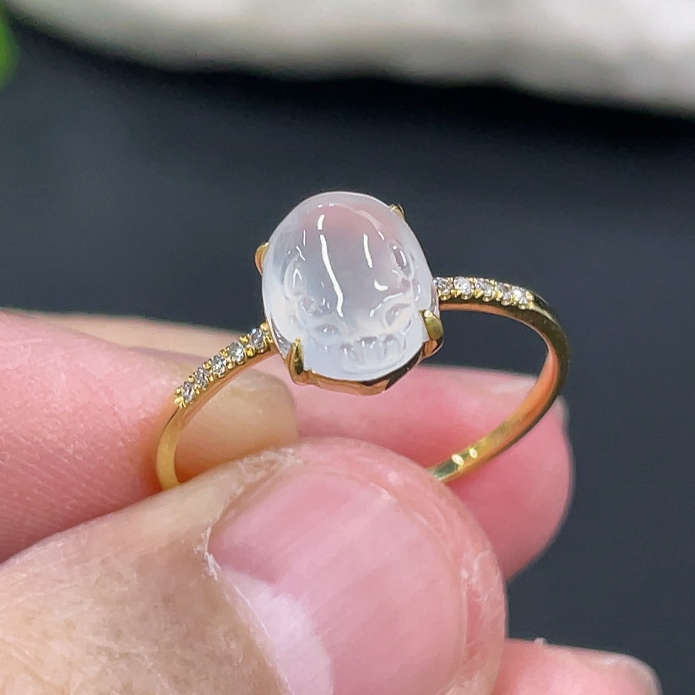 Jadeite Three-Legged Golden Toad Inlaid Ring 18k Gold Setting Size 14 Total Weight Approx. 1.25g with Diamond Accents