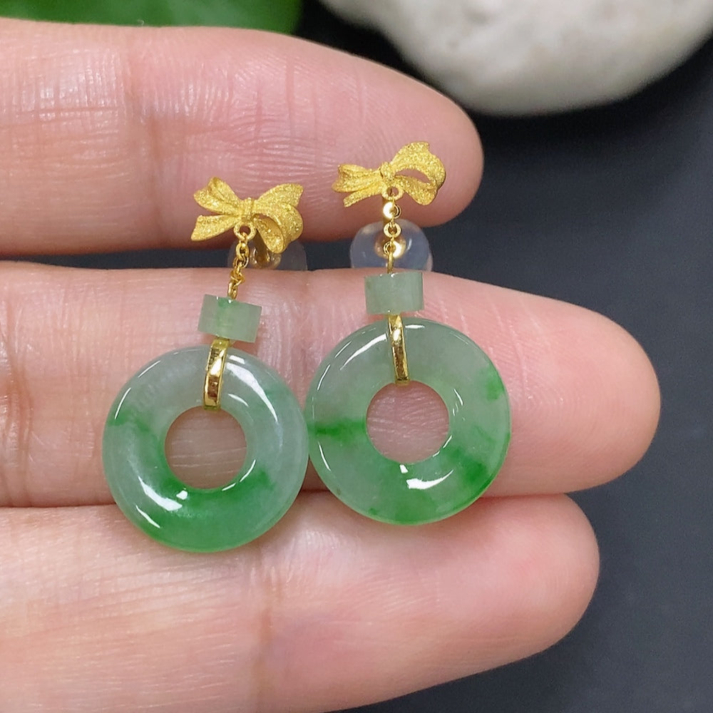 Jadeite Inlaid Earrings 18K Gold Total Weight Approximately 2g Without Ear Backs