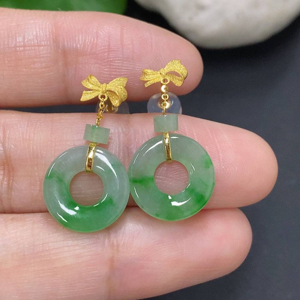 HUILIU HQ jadeite inlaid earrings with 18K gold setting, delicate design, approximately 2g, shown close-up without earring backs.