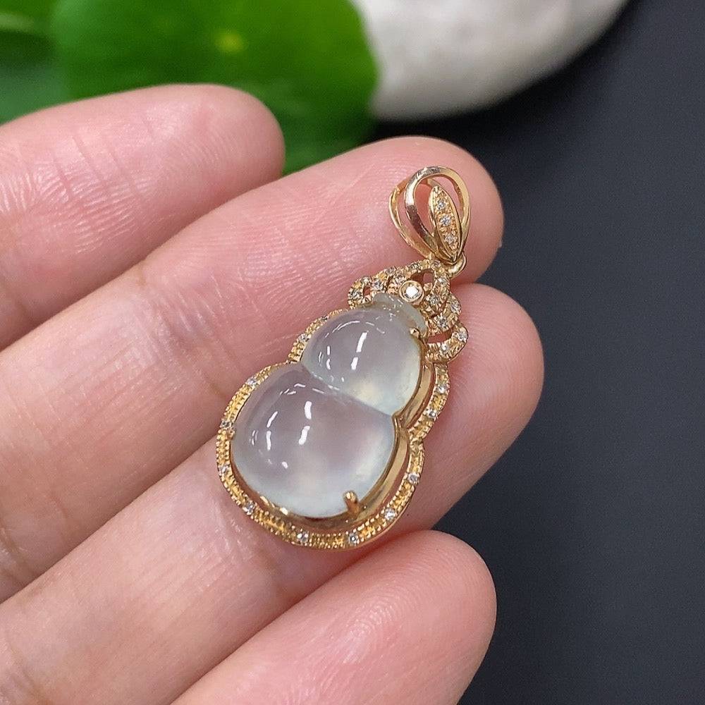 Jadeite inlaid gourd pendant with diamond accents, 18k gold, crafted by HUILIU HQ, showcasing intricate design and polished finish.