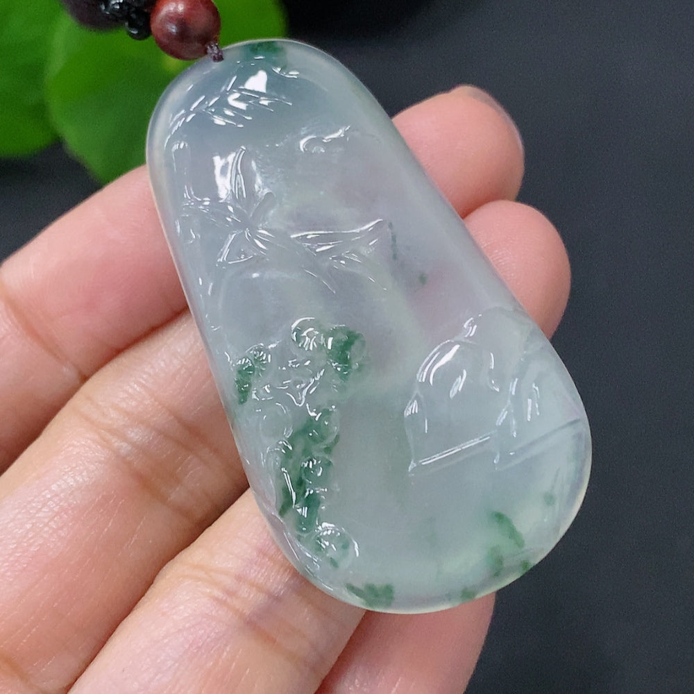 Jadeite pendant featuring a bamboo section, weighing approx. 19g with cord and non-A grade jade beads, from HUILIU HQ.