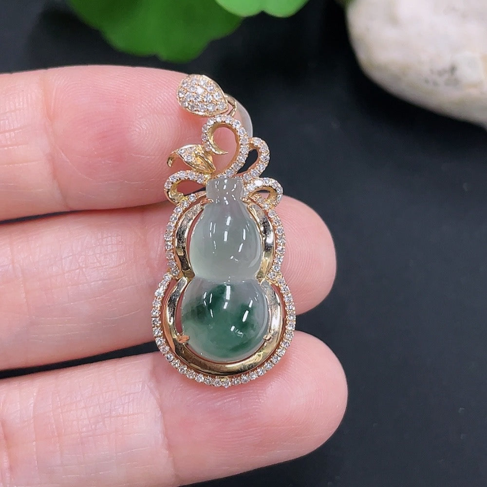 Jadeite Gourd Pendant . (with Diamond Accents) | Huiliu Certified