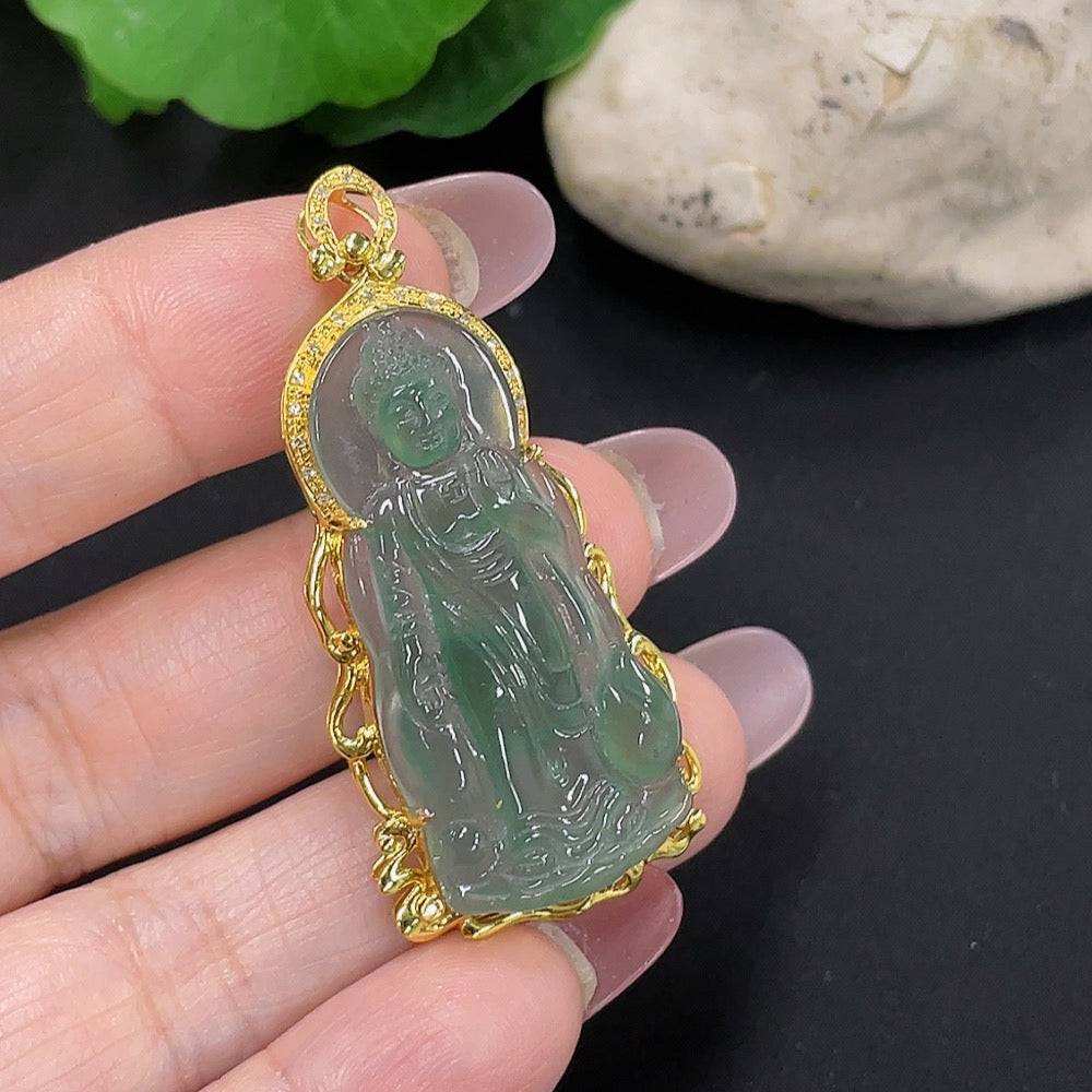 Jadeite Buddha pendant with 18K gold bail, crafted from green jade, weighing approximately 5.9 grams, from HUILIU HQ.