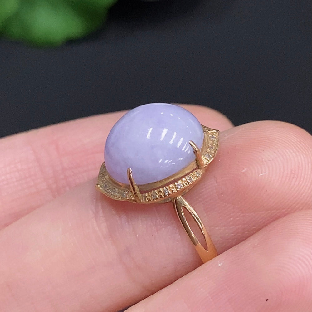 Huiliu Jadeite cabochon ring featuring a polished green jade stone, with no diamonds and Huiliu certification.