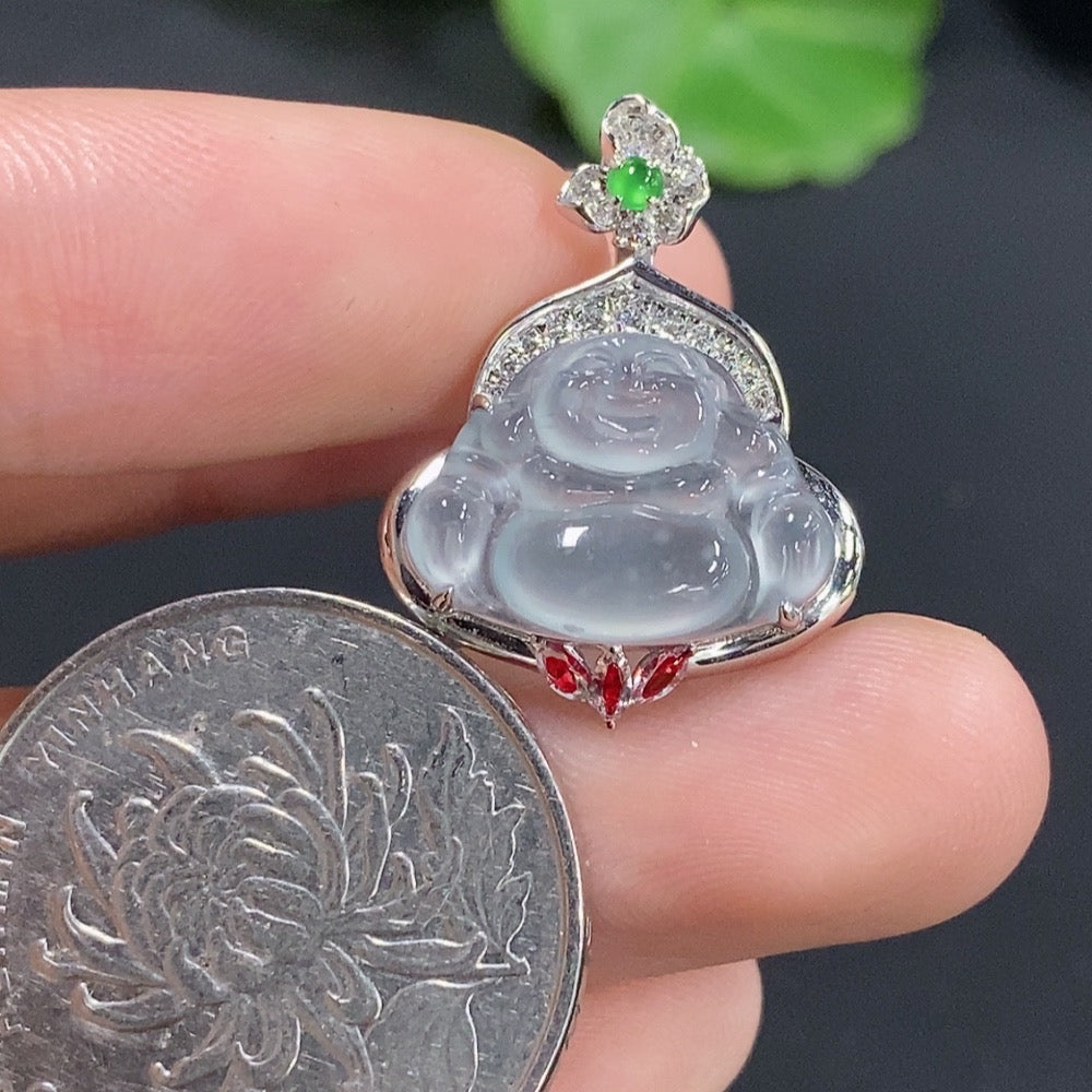 Jadeite Buddha Pendant with 18k Gold Setting, 3 Non-Diamond Accents