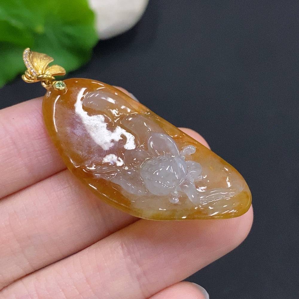 HUILIU HQ jadeite auspicious abundance pendant with clasp, featuring intricate carved design on smooth green jade.