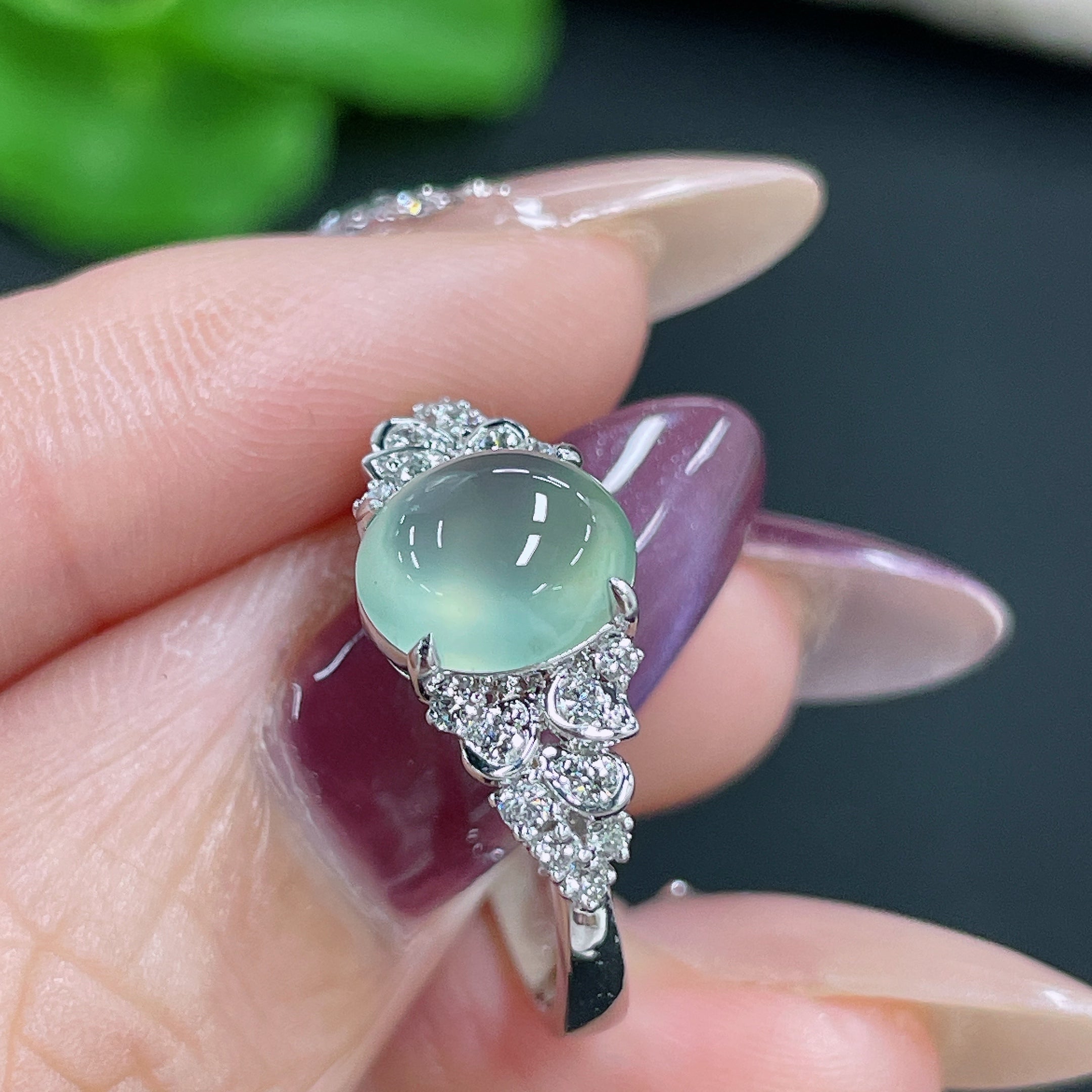 Jadeite Ring 18k Gold Setting with Diamond, Total Weight Approx. 2.86g, Size 14
