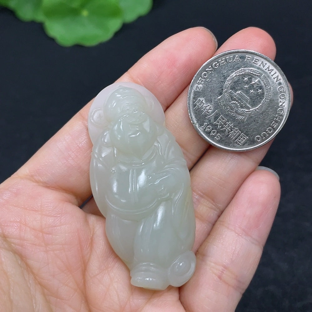 HKHQ Hetian Jade Pendant featuring the God of Wealth, crafted from high-quality jade, weighing approximately 18.7g.