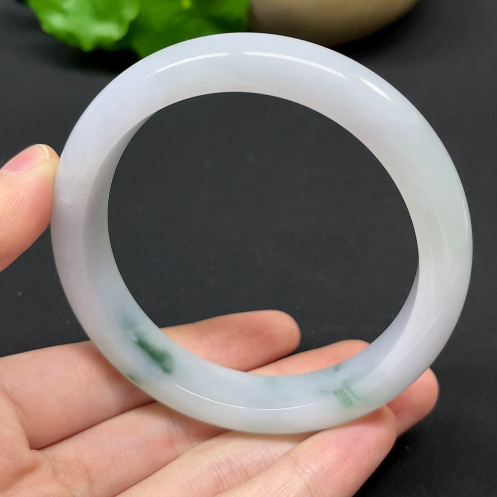 HKHQ jadeite round bangle, size 57.1, weight 56.21g, showcasing smooth polished green jadeite bracelet design