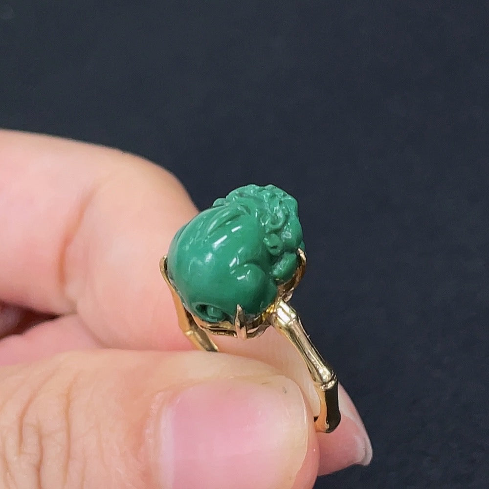 HKHQ turquoise gemstone ring with 18k gold color, size 14.5, weighing approximately 3.1g, showcasing a vibrant turquoise stone.