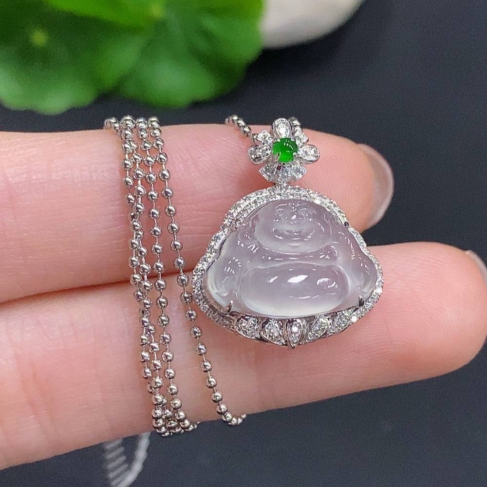 Jadeite Buddha pendant with 18k gold accents and diamond details, crafted by HUILIU HQ, displayed against a neutral background.