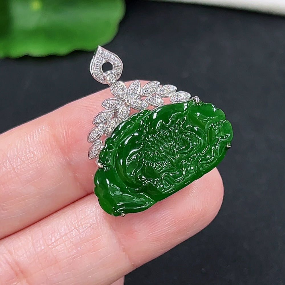 Jadeite pendant with 18K gold setting and diamond accents, elegant necklace featuring a polished green jade stone.
