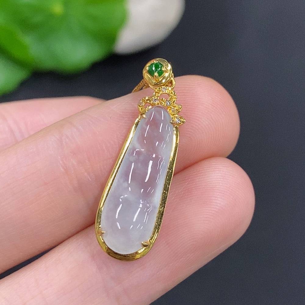 Huiliu Jadeite Auspicious Bean Pendant Set with chain, accented with diamonds, featuring a polished jade jadeite pendant.