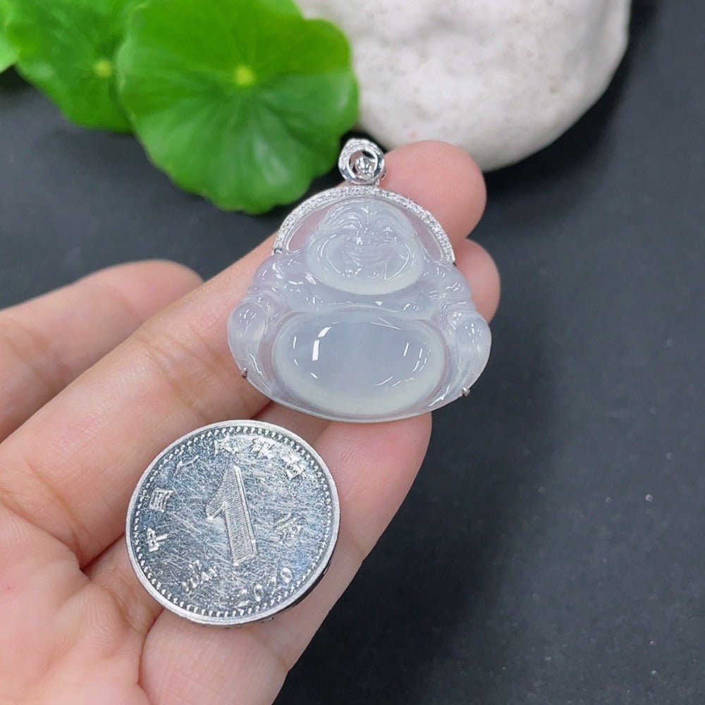 Jadeite Pendant Buddha with 18k Gold and Diamond Accents, Total Weight Approx. 6.75g