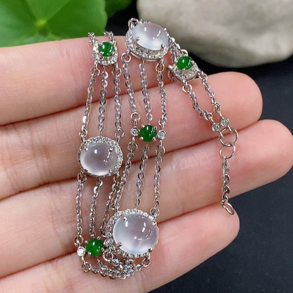 Jadeite Cabochon Inlaid Bracelet 18K Gold Accented with Diamonds