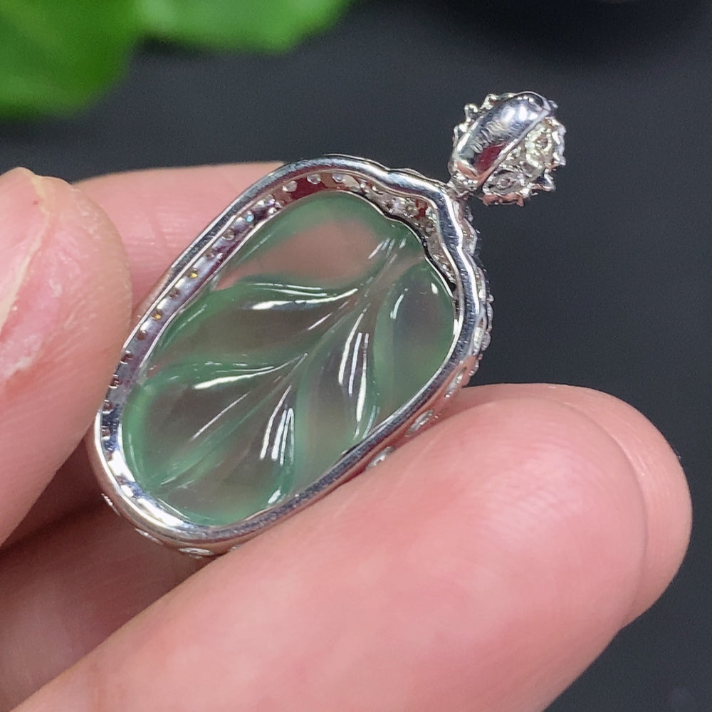 Huiliu Jadeite leaf pendant with diamond accents, crafted from high-quality jade, featuring intricate leaf inlay and sparkling details.