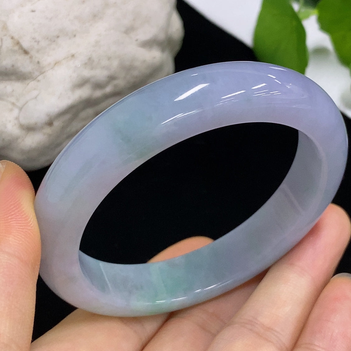 HKHQ jadeite round bangle in size 54.5 with a 57g weight, showcasing smooth, polished jadeite bracelet design.
