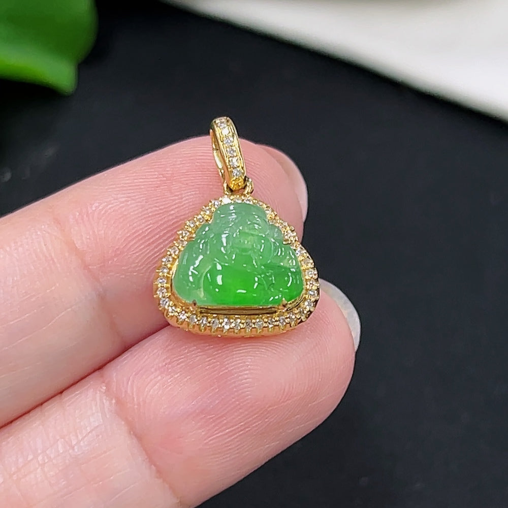 Jadeite God of Wealth Pendant 18K Gold Total Weight Approx. 2.3g (with Diamond Accents)