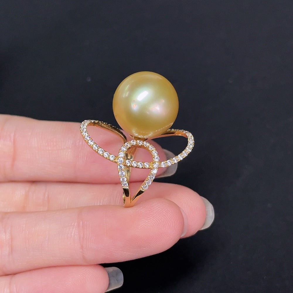 HKHQ seawater pearl inlaid ring in 18k gold, size 15, with a 14.5mm pearl and 7.37g weight, showcasing elegant jewelry design.