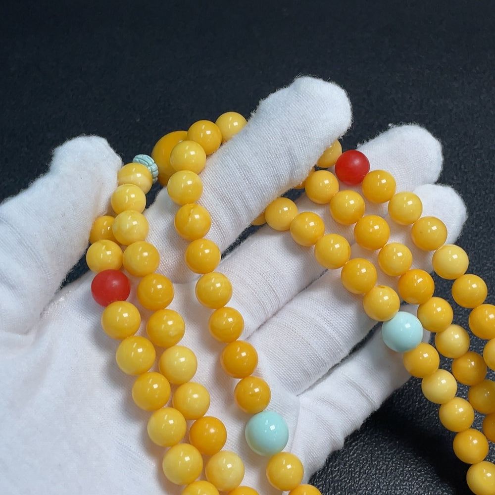 Amber and beeswax bead strand with turquoise accents (non-natural stones considered), ., size range 8.6-16.1mm | Huiliu Certified