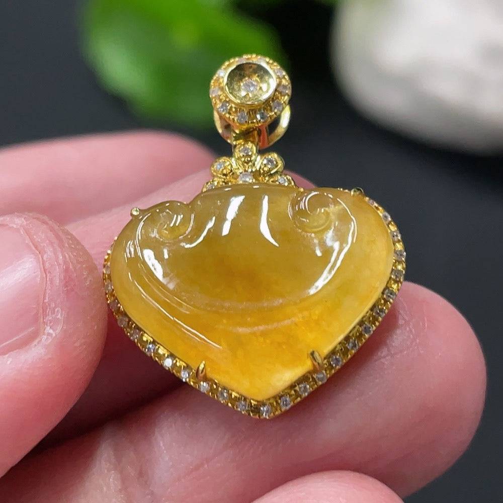 Jadeite Ruyi pendant with 18K gold and diamond accents, handcrafted by HUILIU HQ, showcasing intricate inlay and elegant design.