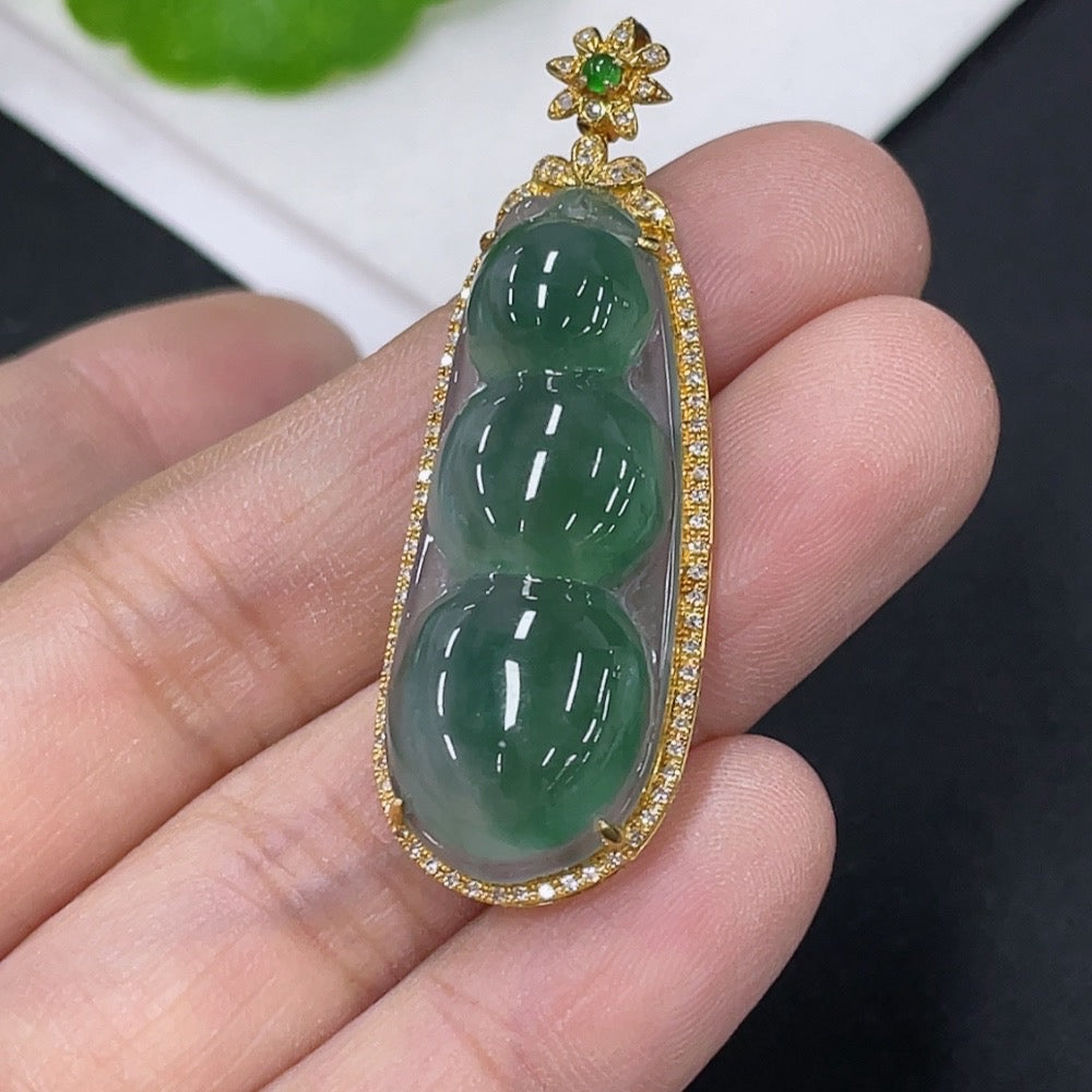 Jadeite Inlaid Lucky Bean Pendant with Diamond Accents . | Huiliu Certified