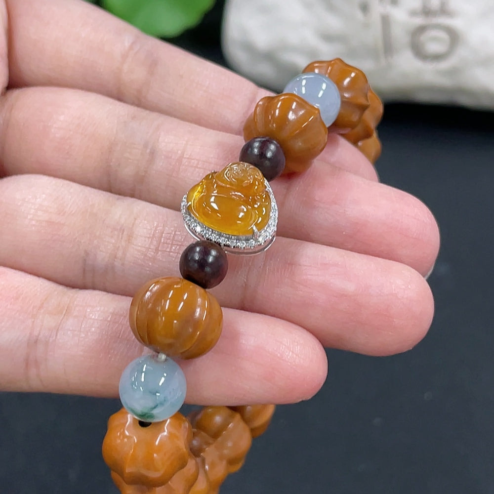 Jadeite Bead Bracelet, Unmarked Setting, 18K Gold Tested, Approx. 8.5mm, Total Weight About 16.6g, Non-Grade A Matching Beads, Diamond Accents