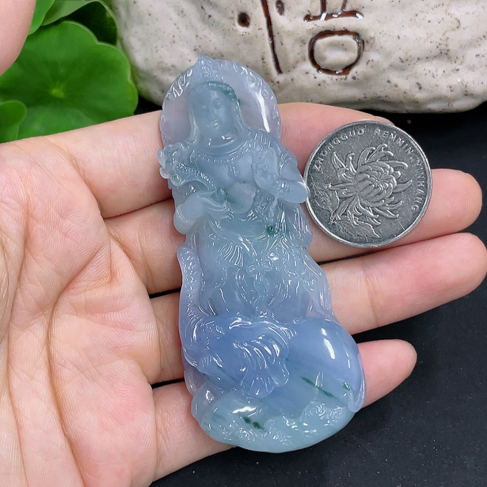 Jadeite pendant featuring Samantabhadra figure, weighing 52.6g, displayed on a necklace with intricate details and vibrant green color.