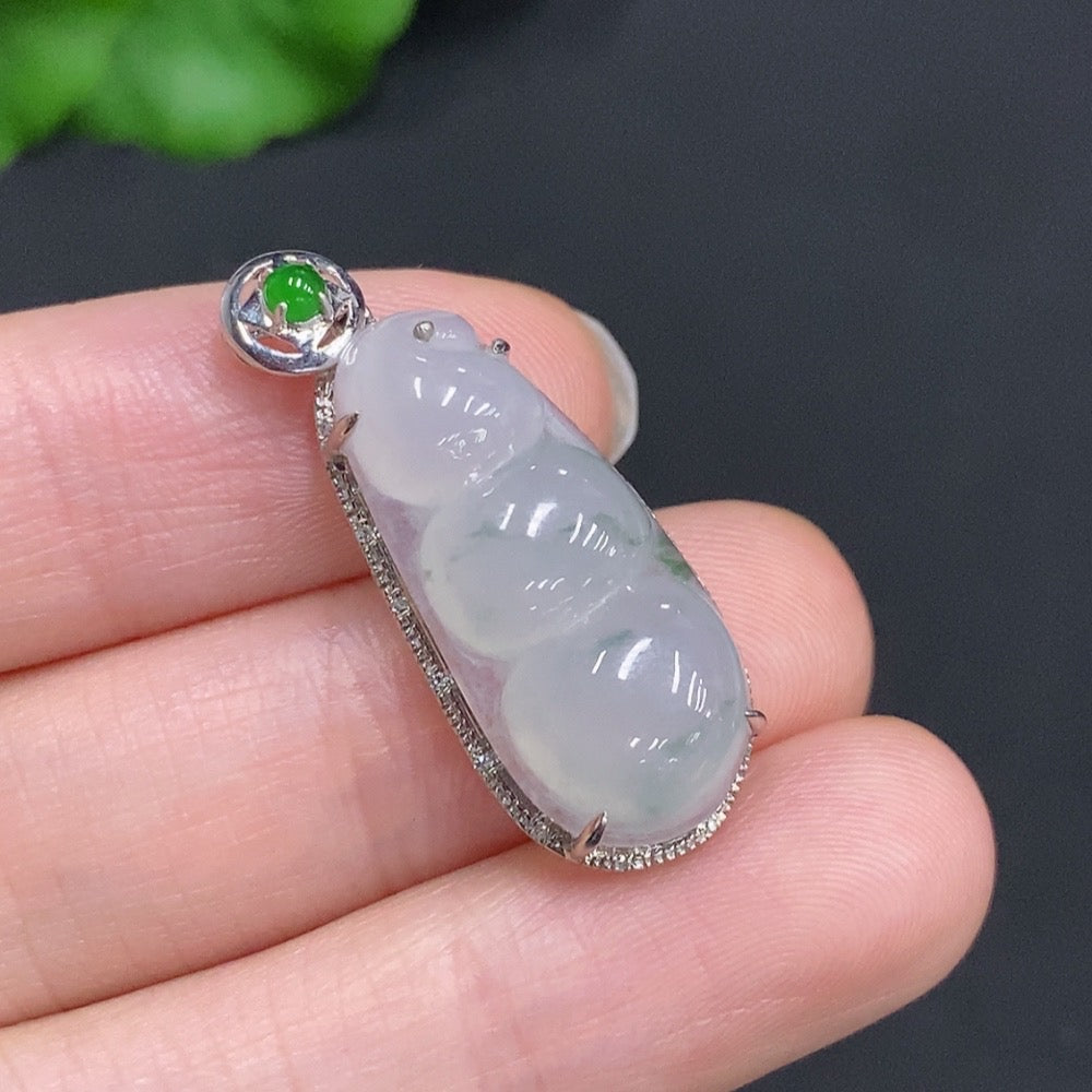 Jadeite lucky bean pendant with diamond accents in 18k gold by HUILIU HQ, featuring a detailed jade gemstone design.