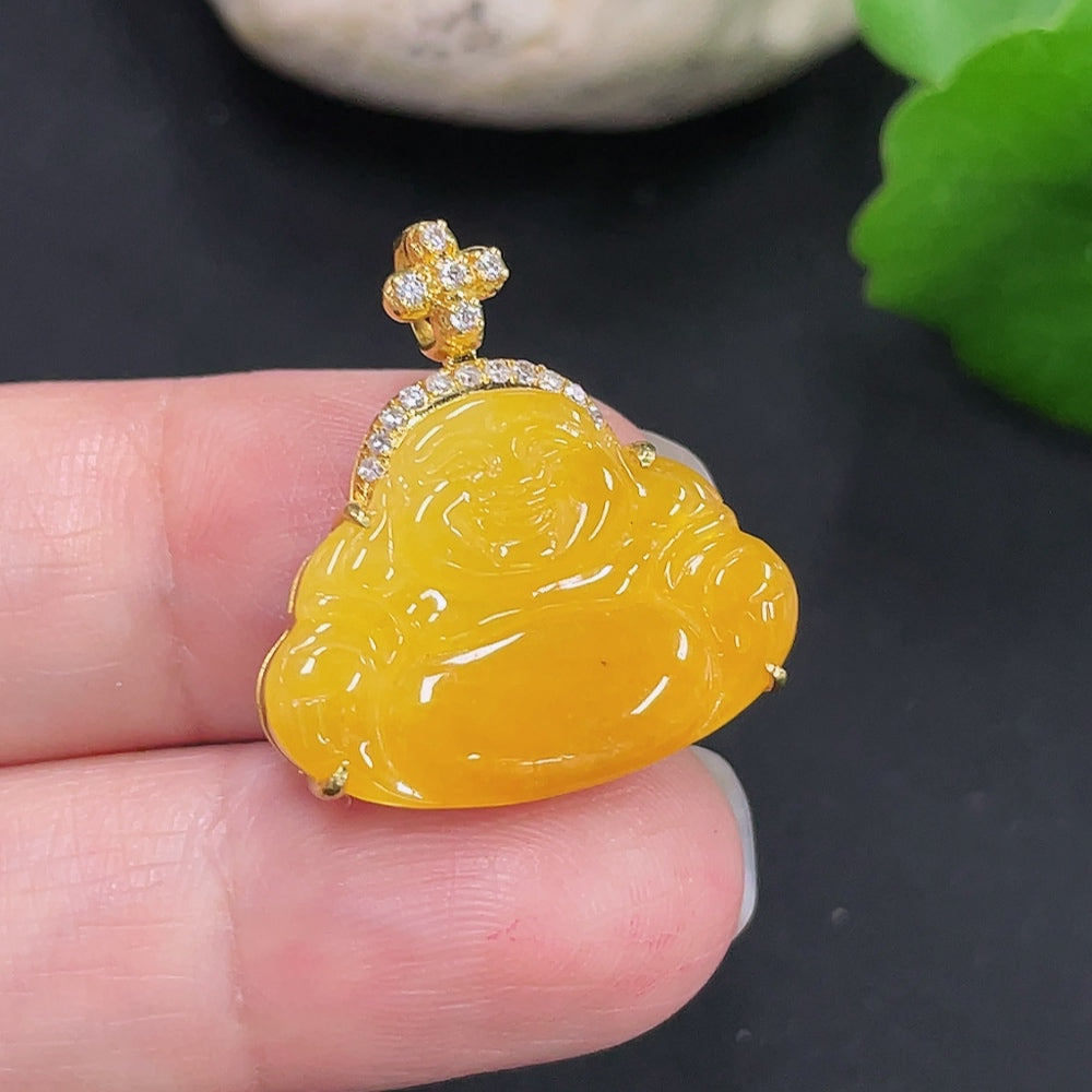 Jadeite Buddha Pendant Set in, . (with Diamond Accents) | Huiliu Certified