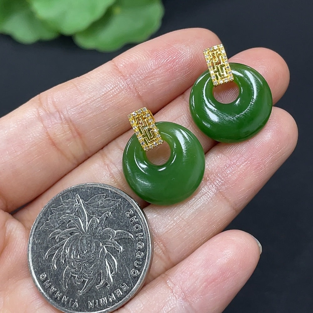 Green Hetian Jade Inlaid Earrings with Diamond Accents, 18K Gold