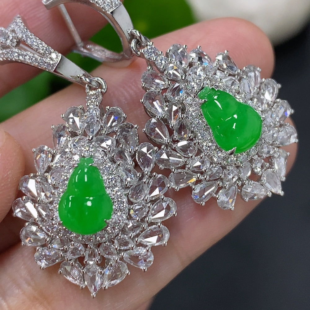 Jadeite Gourd Inlaid Earrings 18K Gold Total Weight Approx. 12.1g (with Diamond Accents)