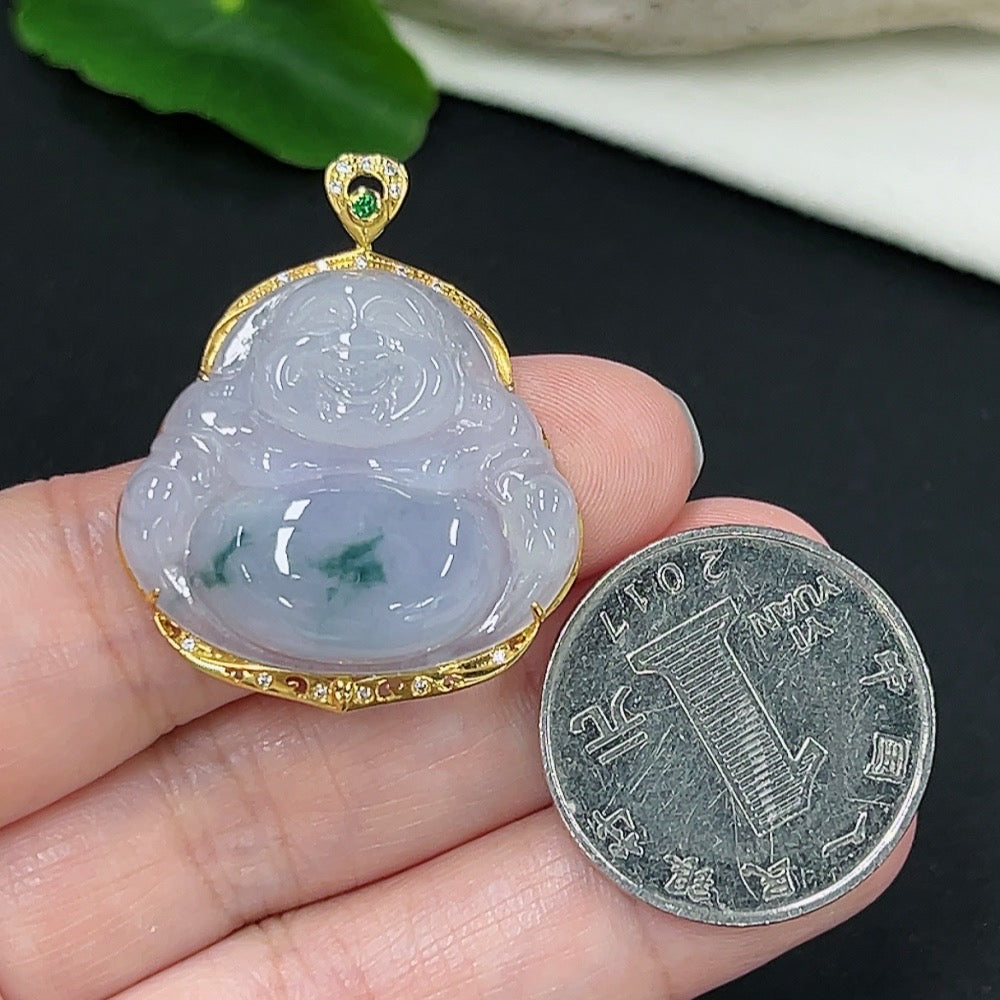 Jadeite Buddha inlaid pendant on 18K gold tested necklace, detailed design, weighing approximately 6.47g.