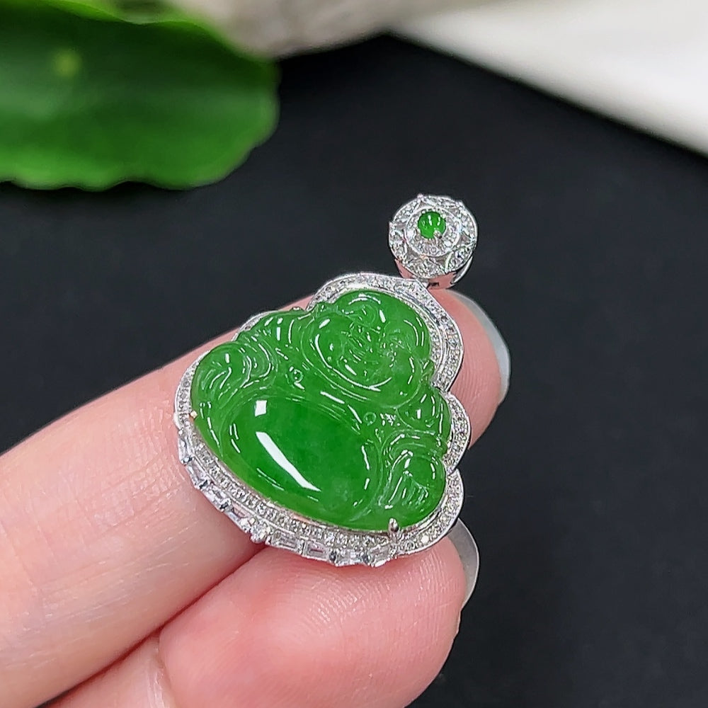 Jadeite Buddha pendant necklace in 18K gold with diamond accents, featuring a detailed Buddha figure pendant on a gold chain.