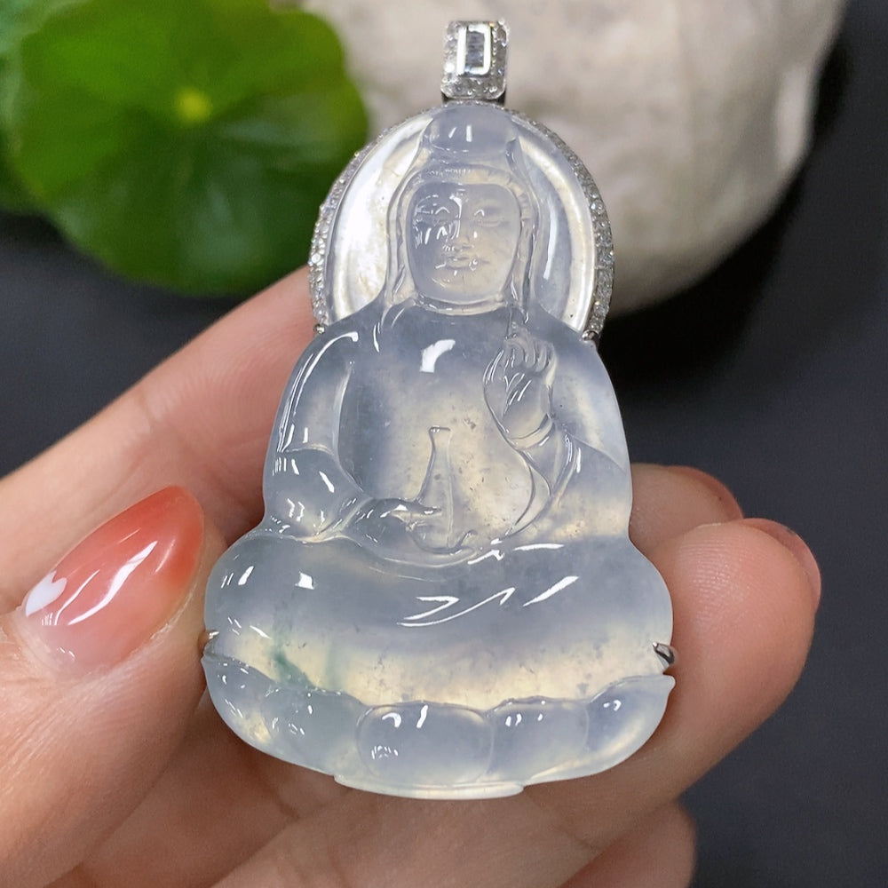 Jadeite Guanyin Inlaid Pendant 18K Gold Inlaid Total Weight Approx. 18.5g