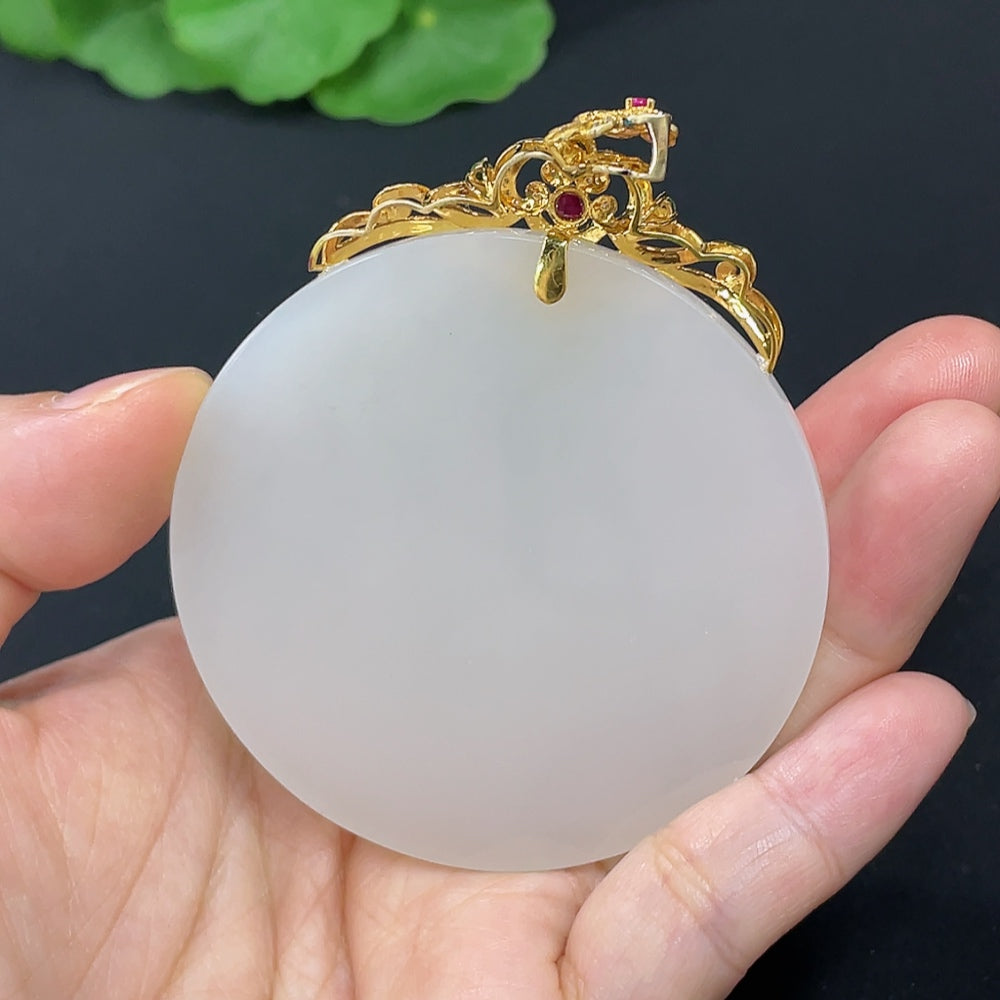 Hetian Jade Inlaid Plain Pendant 18k Gold Set with Colorless Diamonds