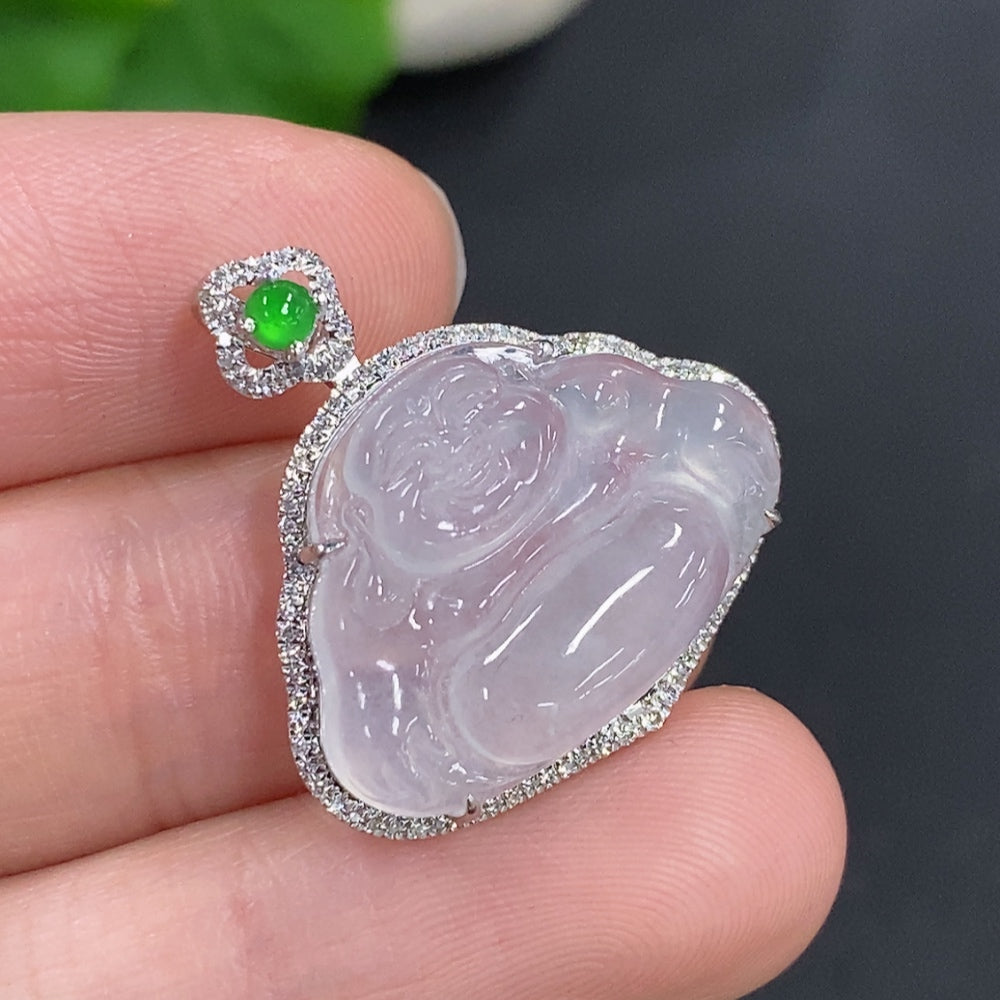 Jadeite Buddha Pendant Set in 18K Gold, Total Weight Approx. 3.7g (with Diamond Accents)