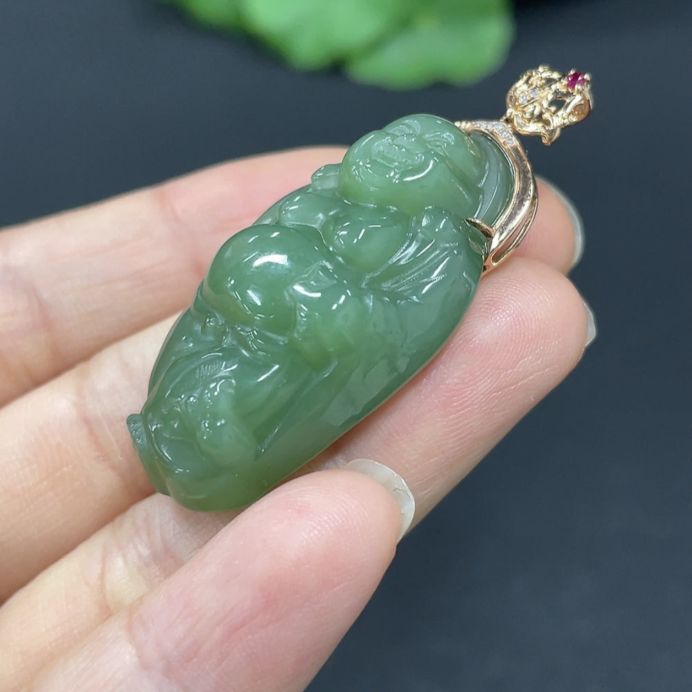 Hetian jade Buddha pendant with 18K gold and diamond accents, weighs approximately 13.7g, featuring intricate carved jade details.